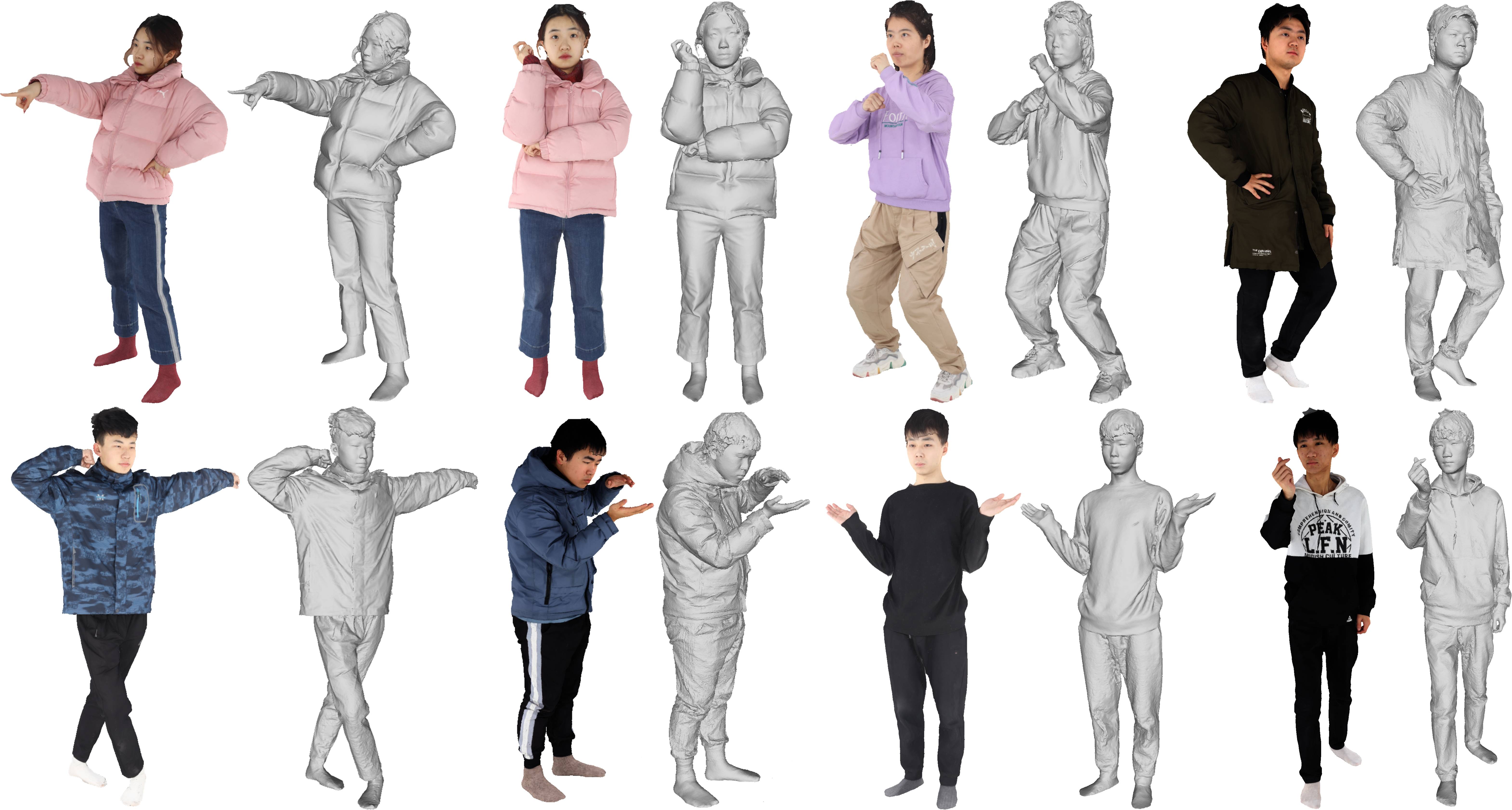 THuman2.0 dataset: 500 human scans with varied poses and clothing
